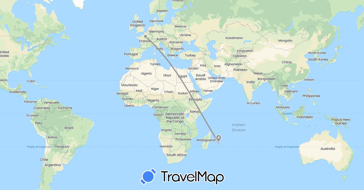 TravelMap itinerary: driving, plane in France (Europe)