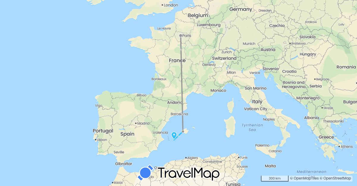 TravelMap itinerary: driving, plane, boat in Spain, France (Europe)