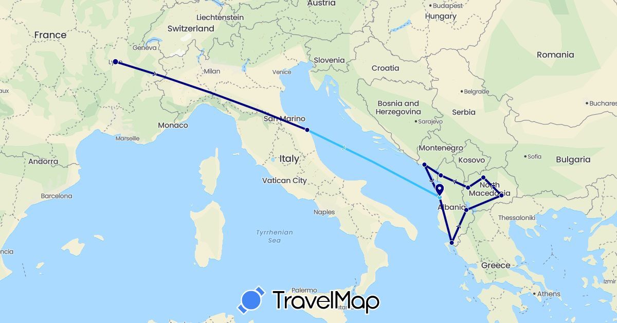 TravelMap itinerary: driving, boat in Albania, France, Italy, Montenegro, Macedonia (Europe)