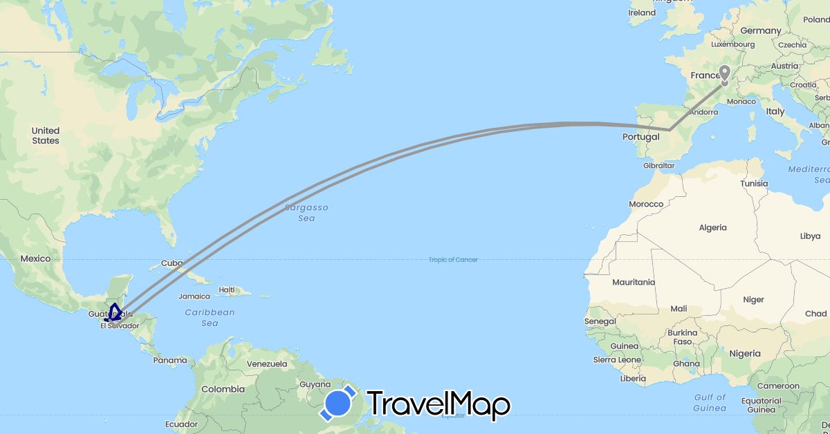 TravelMap itinerary: driving, plane, boat in Spain, France, Guatemala, Honduras, El Salvador (Europe, North America)